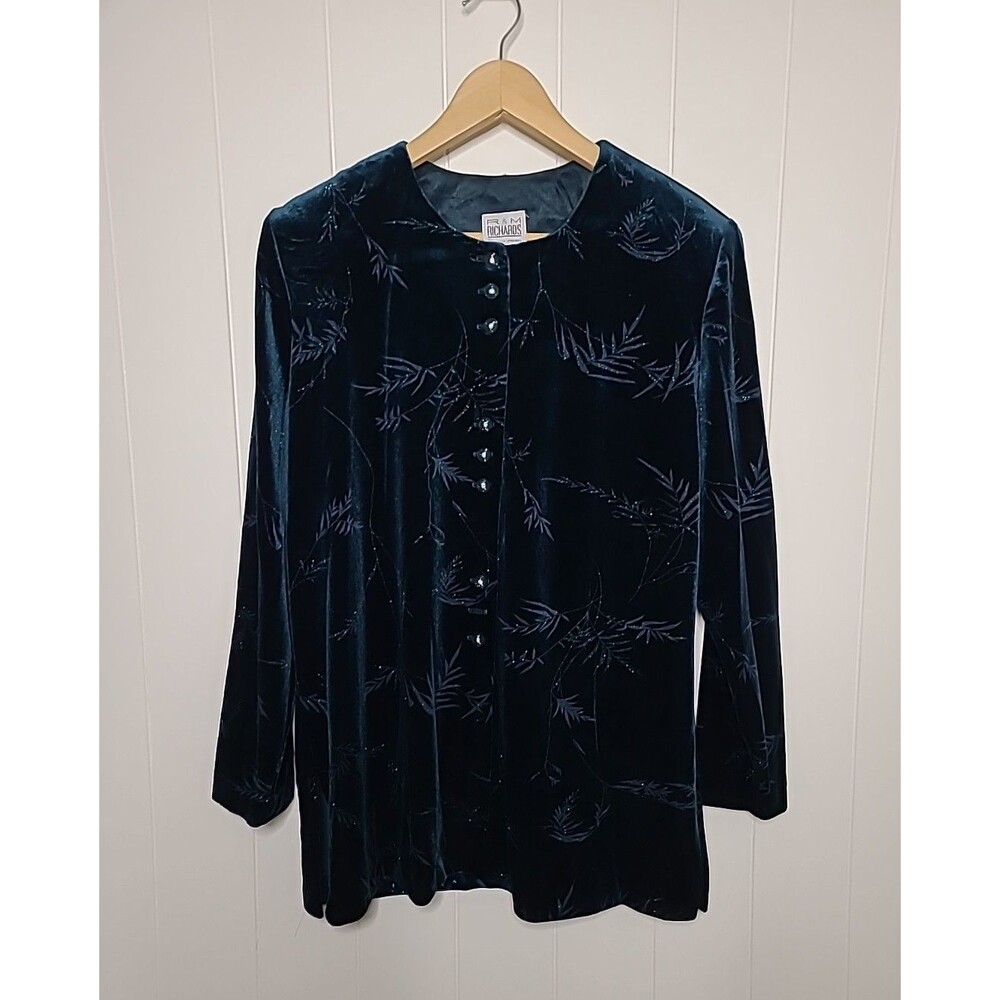 Vintage R M Richards by Karen Kwong Velvet Top Womens 16 Teal Blue Embroidered